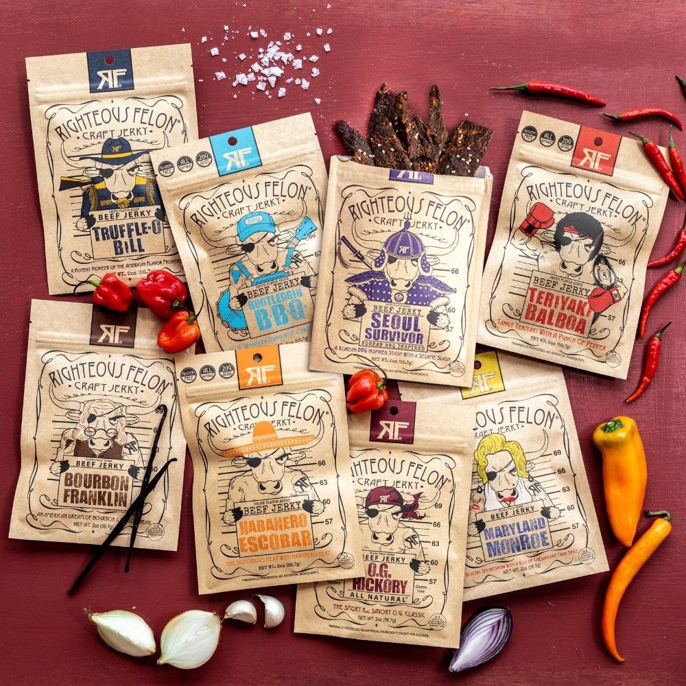 Righteous Felon Premium Beef Jerky Protein Pack | 8 Meat Snacks