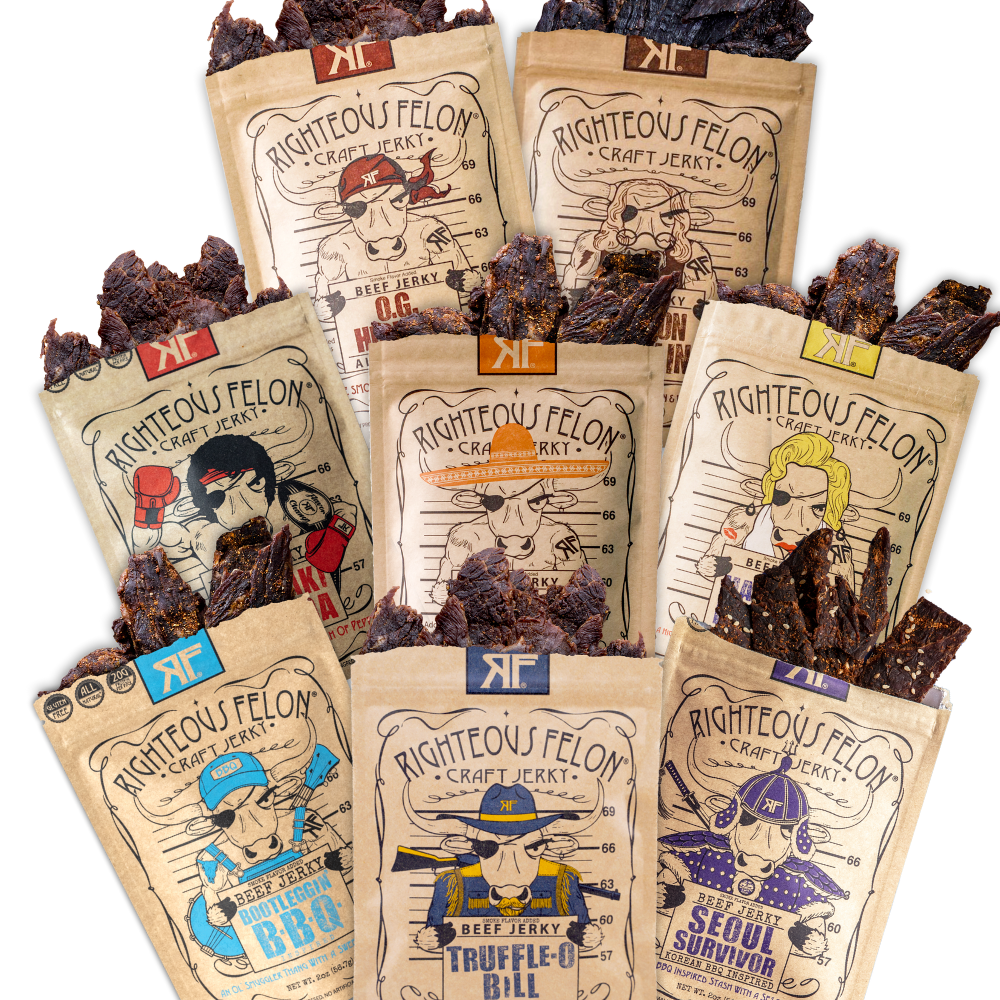 Righteous Felon Premium Beef Jerky Protein Pack | 8 Meat Snacks